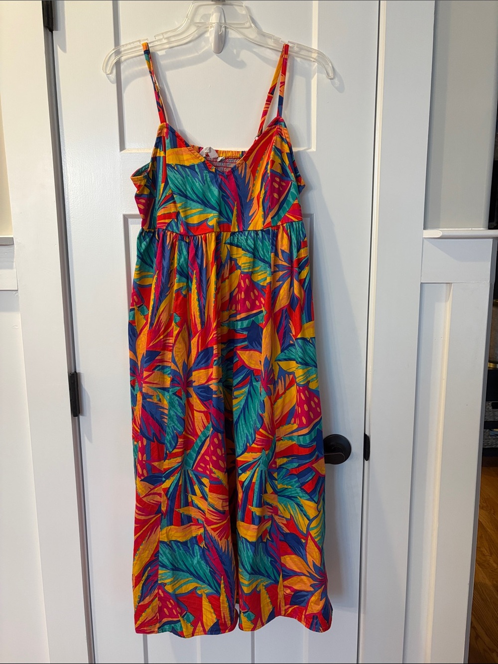 Tropical Print Dress with adjustable spaghetti straps - Red, Yellow, Blue & Teal